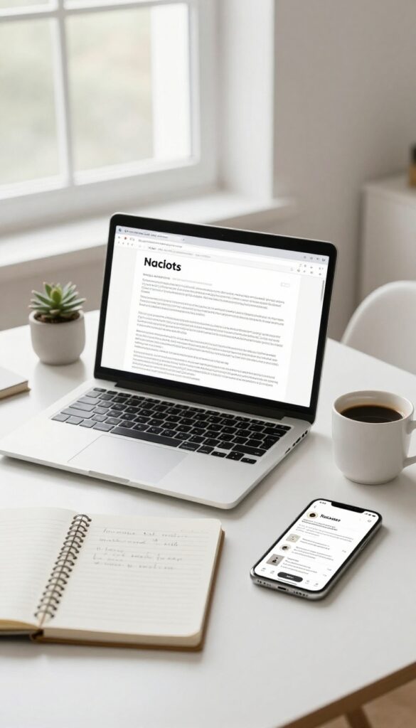 A person's desk with a laptop, coffee, notebook, and phone, representing honest product reviews for affiliate marketing.