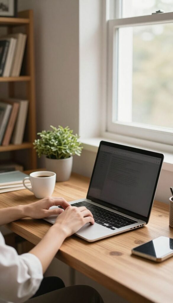 Person typing on a laptop in a bright home office with coffee and plant