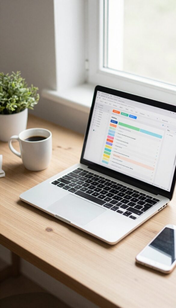 Asana task management board on a laptop in a bright workspace with coffee and plant