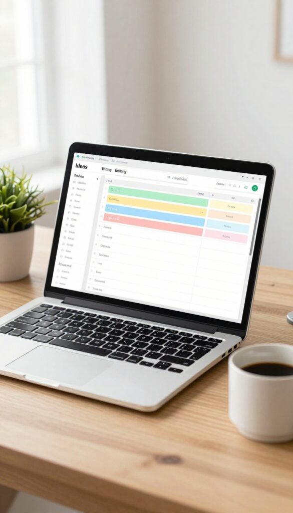Organized desk with laptop displaying Trello board for content planning