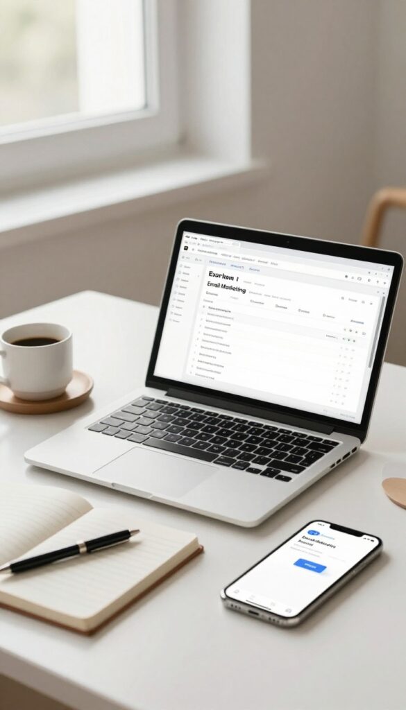 Blogging workspace with laptop showing email marketing software, coffee, notebook, and phone.
