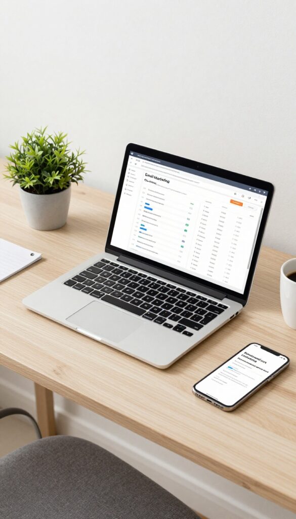 Desk with laptop showing email marketing revenue dashboard and smartphone with abandoned cart email notification