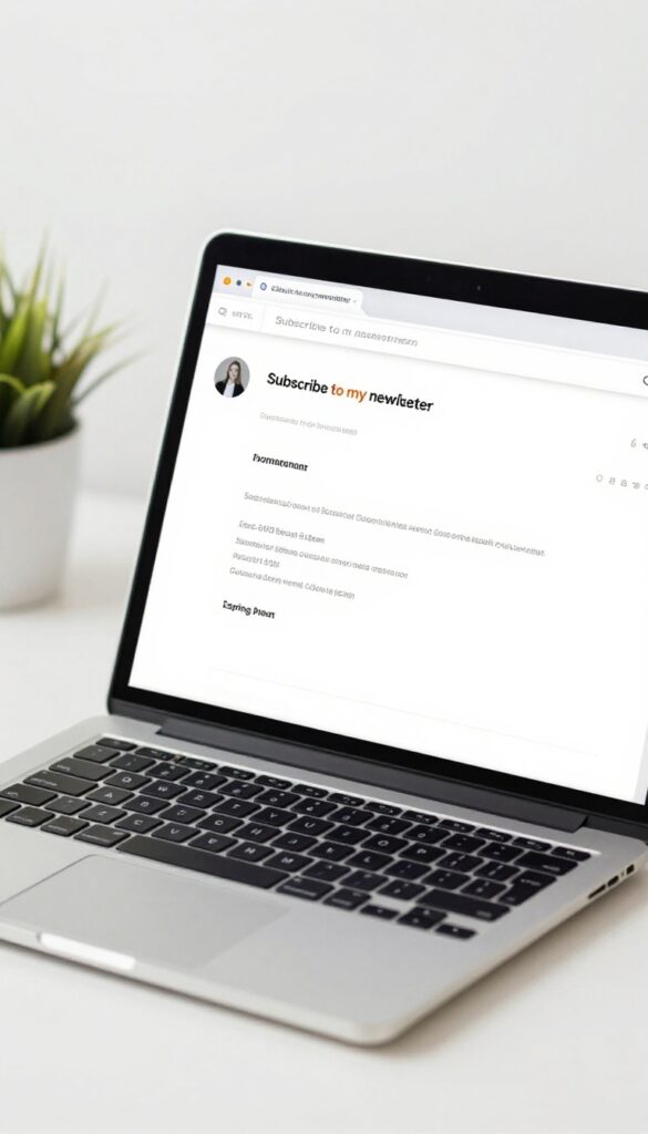 Email signature with a signup link on a laptop screen in a bright, clean workspace
