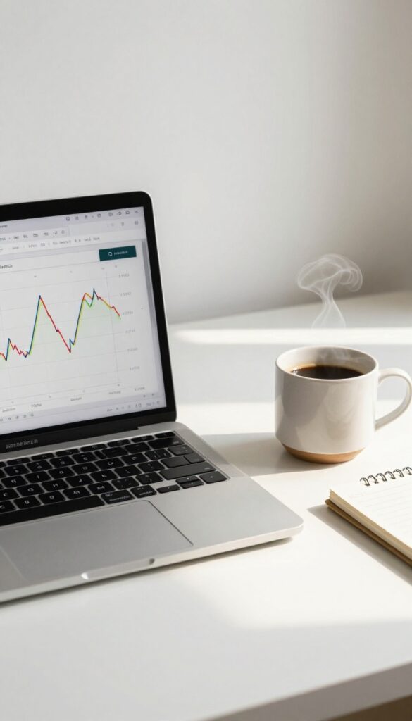 Laptop displaying Google Trends graph on a desk with coffee and notebook