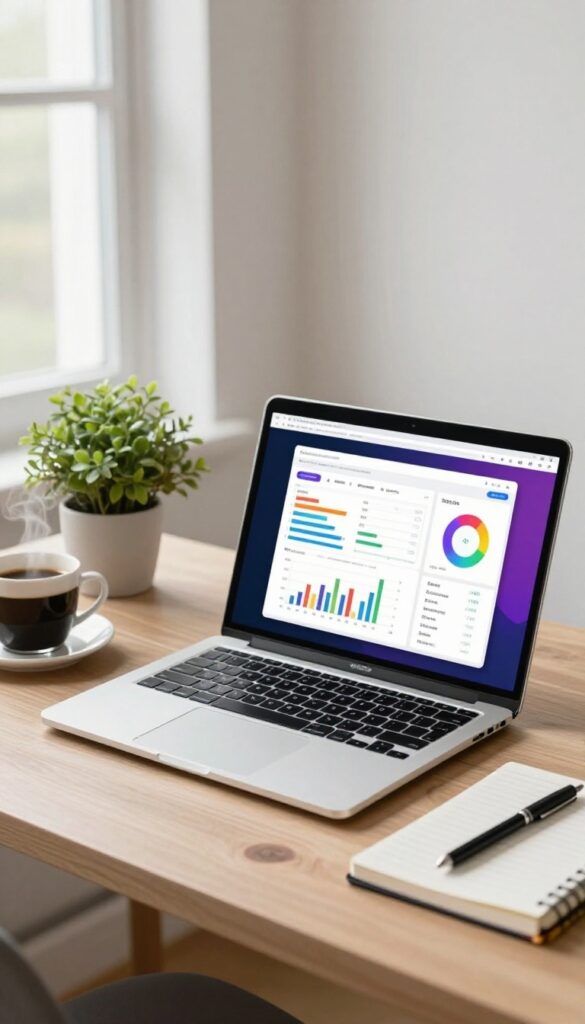 A blogger's desk with a laptop displaying SEO analytics, surrounded by a plant, coffee, and notebook.