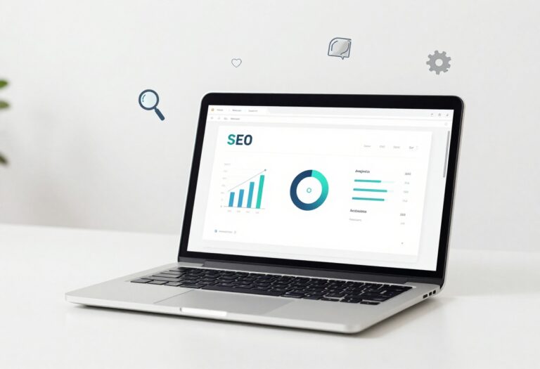 Laptop showing SEO tools dashboard with icons representing various SEO tools on a desk
