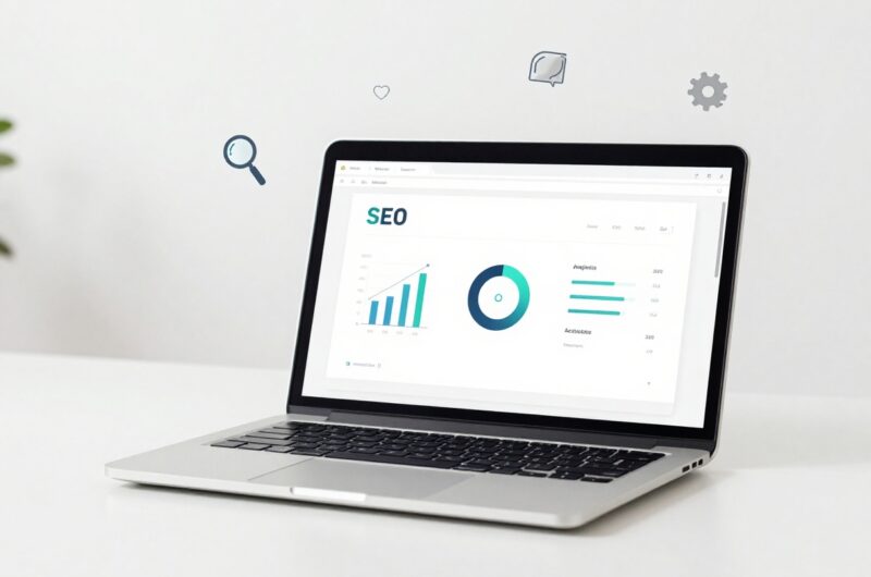 Laptop showing SEO tools dashboard with icons representing various SEO tools on a desk