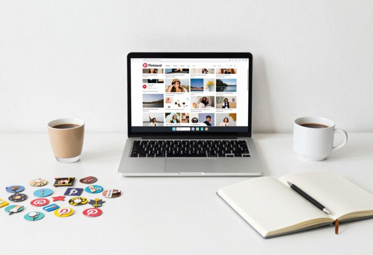 Blogger's workspace with laptop displaying Pinterest board and colorful pins