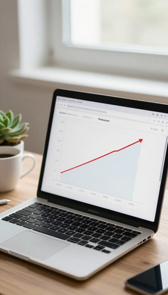 Laptop showing Pinterest analytics with a downward trend, coffee cup and succulent on desk