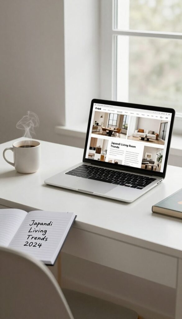 Home office with laptop, coffee, and notepad showing trend title, bright natural light.