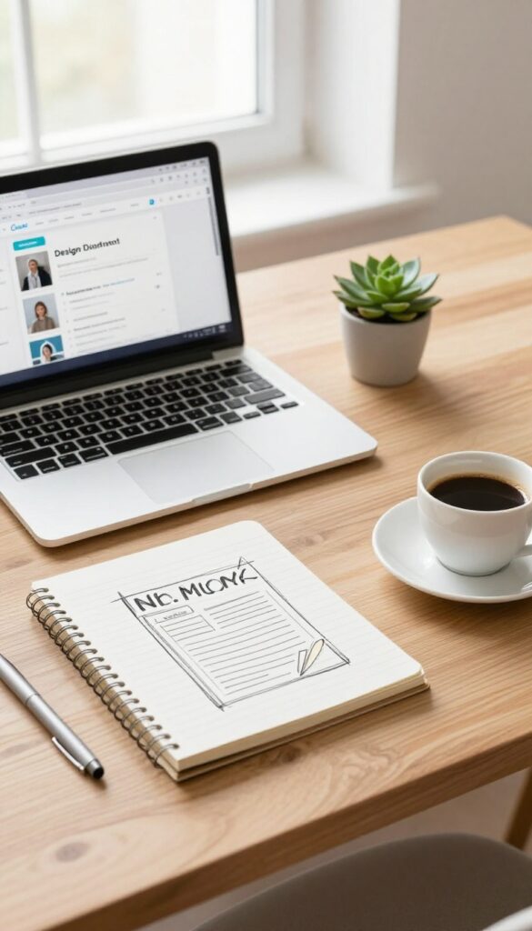 Flat lay of a laptop showing Canva design dashboard with notebook, coffee, and succulent on a wooden desk