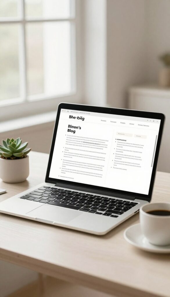 A bright desk with laptop displaying a scannable blog post, coffee cup and succulent, natural light, clean composition.