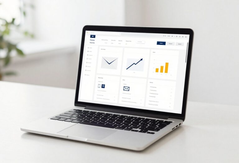 Email marketing dashboard on laptop with icons