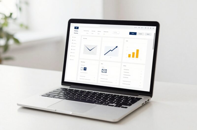 Email marketing dashboard on laptop with icons
