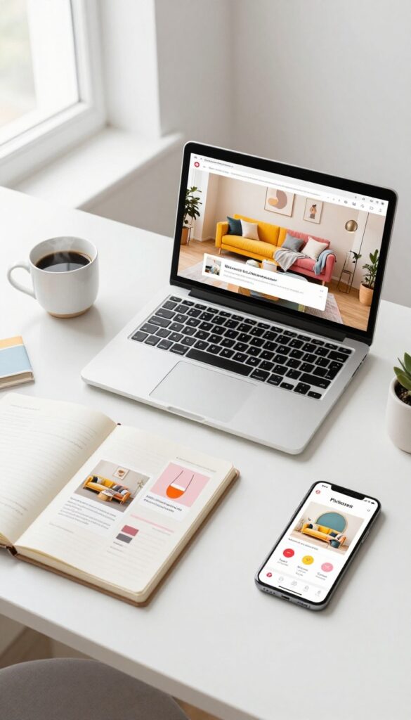 Blogger creating fresh Pinterest pins on laptop with pin mockups and smartphone nearby