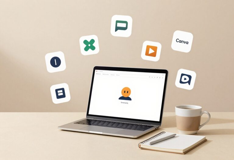 Workspace with laptop and blogging tool icons floating around