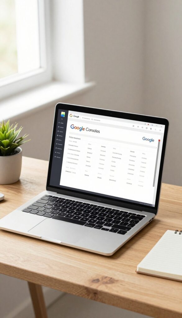 Laptop displaying Google Search Console dashboard on a wooden desk with coffee and plant