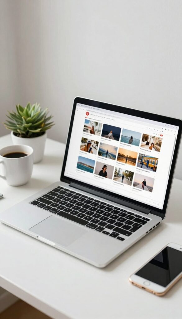 Desk with laptop displaying Pinterest scheduling tool, coffee cup, and plant in natural light
