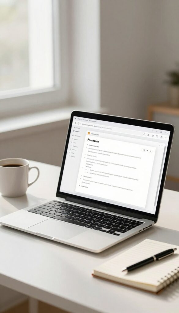 A blogger's desk with a laptop displaying an AI research assistant tool, coffee cup, and notebook in natural light.