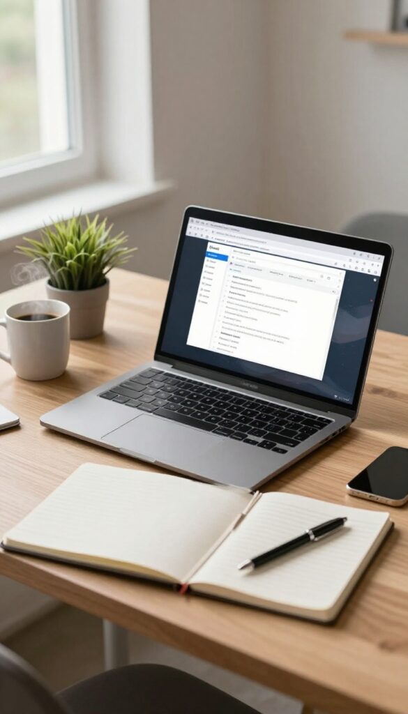 Overhead view of a laptop on a wooden desk with a notebook, coffee mug, and plant, bright natural light, clean workspace