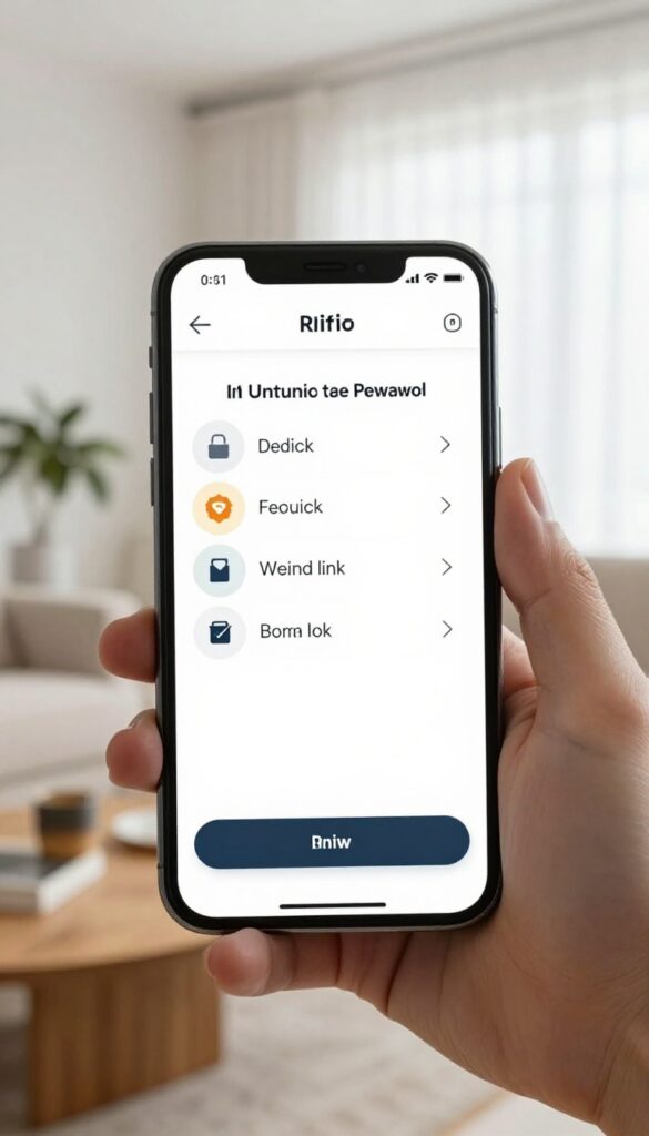 Smartphone showing referral program with unique link and reward badge in bright living room setting