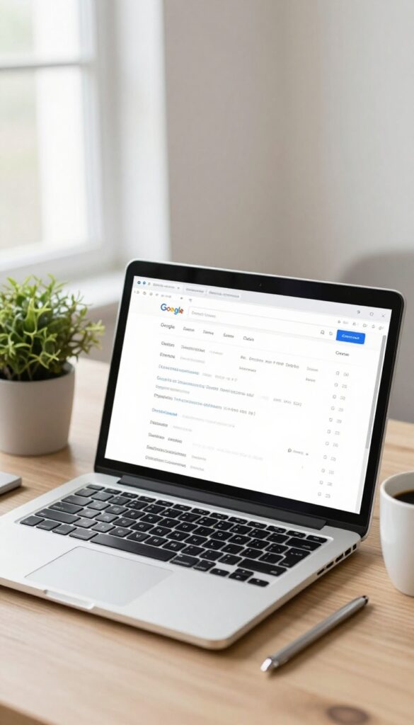 Laptop with Google Search Console sitemap submission page, plant and coffee cup on desk, bright natural light
