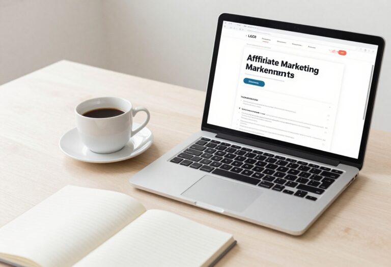 Affiliate marketing workspace with laptop and coffee