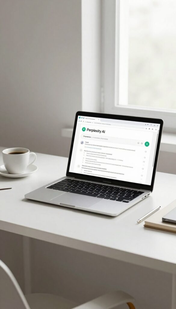 Laptop displaying Perplexity AI research assistant with cited sources on a bright desk