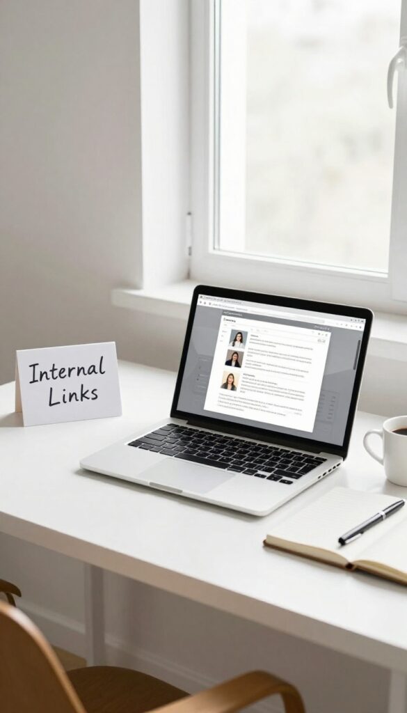 Bright home office with laptop and notebook, representing internal linking strategy for bloggers