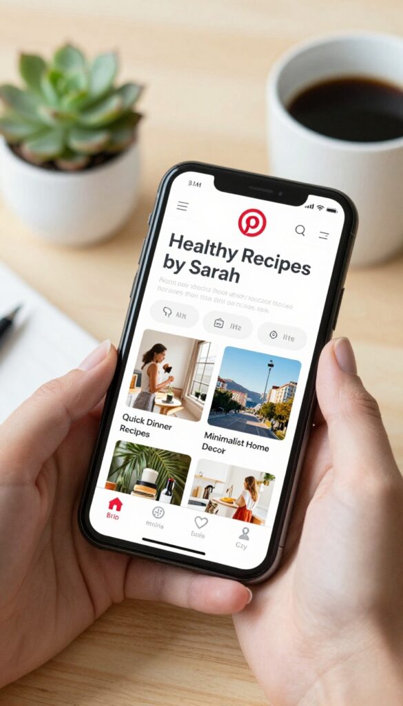 Pinterest profile optimization on smartphone with keyword-rich display name, bio, and board names.
