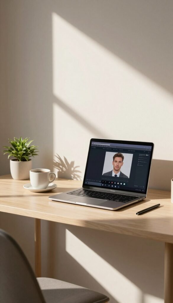 A bright home office setup with a laptop showing a webinar registration page, coffee cup, and plant, bathed in natural light.
