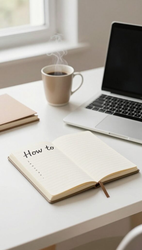 A desk with a laptop, coffee, and notebook showing a how-to list in natural light