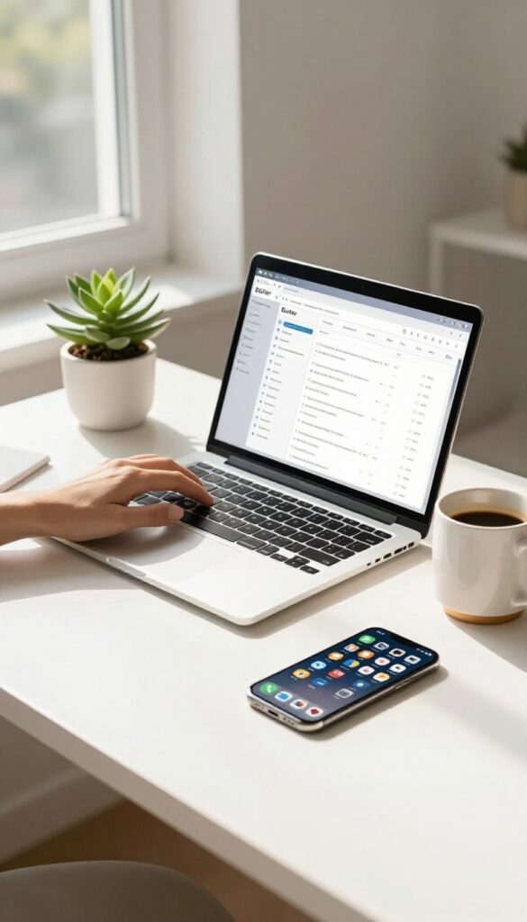 A blogger's desk with a laptop showing Buffer social media scheduling tool, a smartphone, coffee mug, and succulent in natural light.
