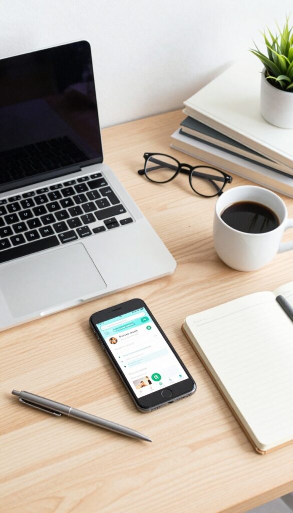 Flat lay of a desk with laptop, coffee, notebook, and digital resource items