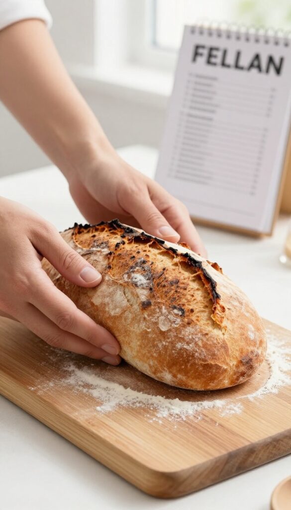 Hands holding a burnt loaf of bread on a wooden board with flour and recipe book in background