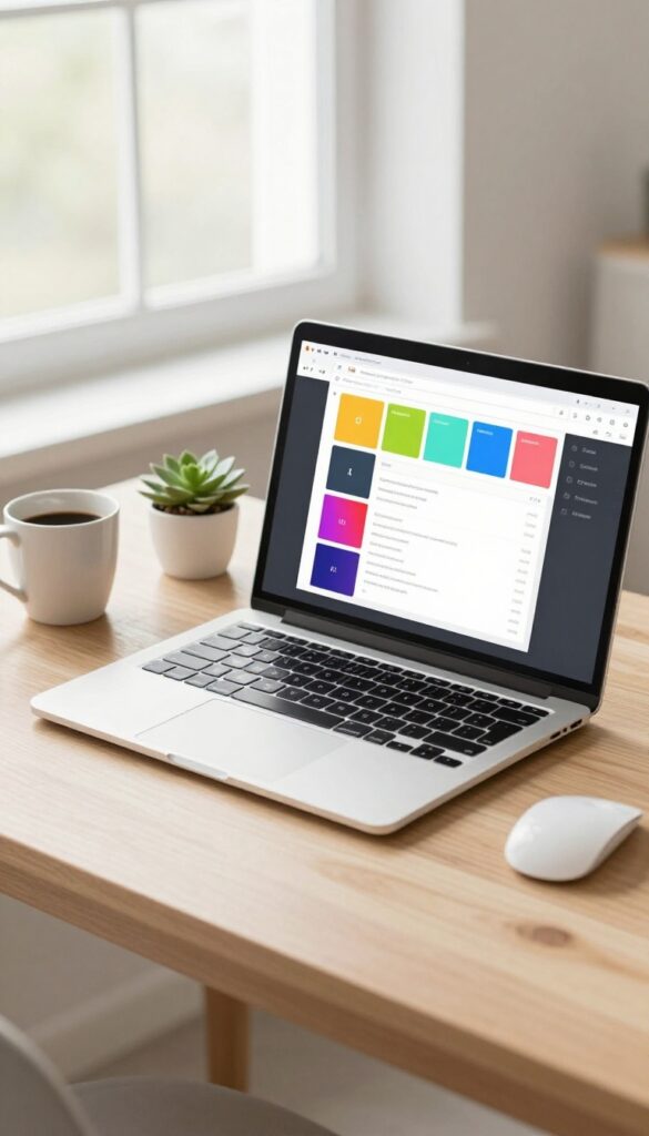 Laptop open to an email builder drag-and-drop interface on a wooden desk with coffee and succulent