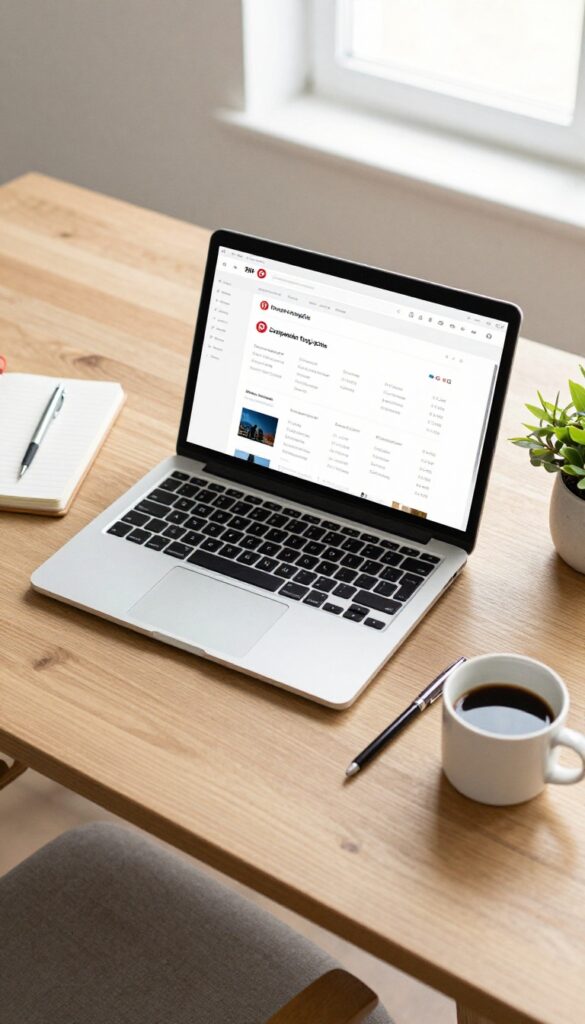 Overhead view of a laptop displaying Pinterest analytics, notebook, coffee, and plant on a wooden desk in natural light.