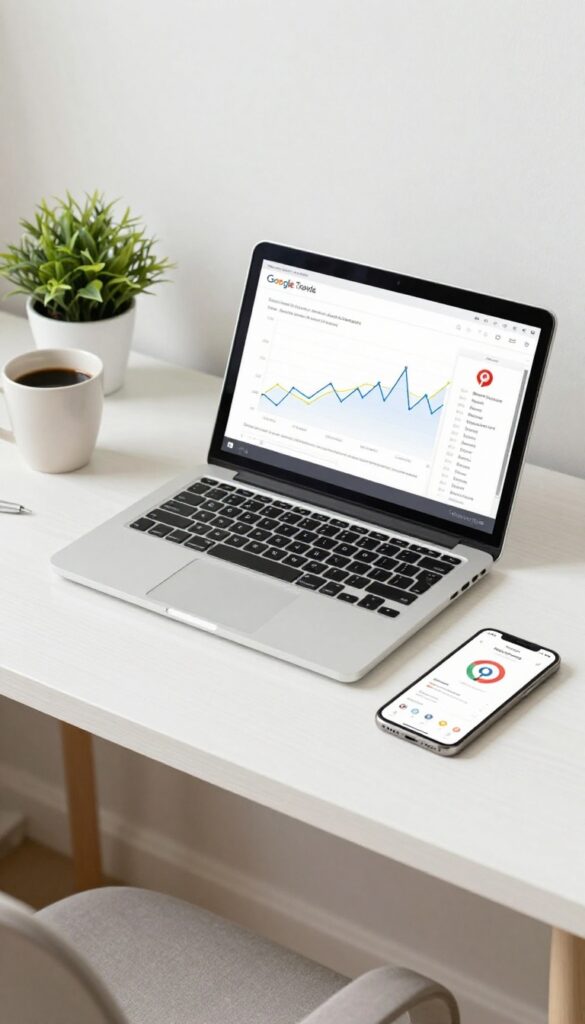 Desk with laptop showing Google Trends graph and smartphone with Pinterest analytics
