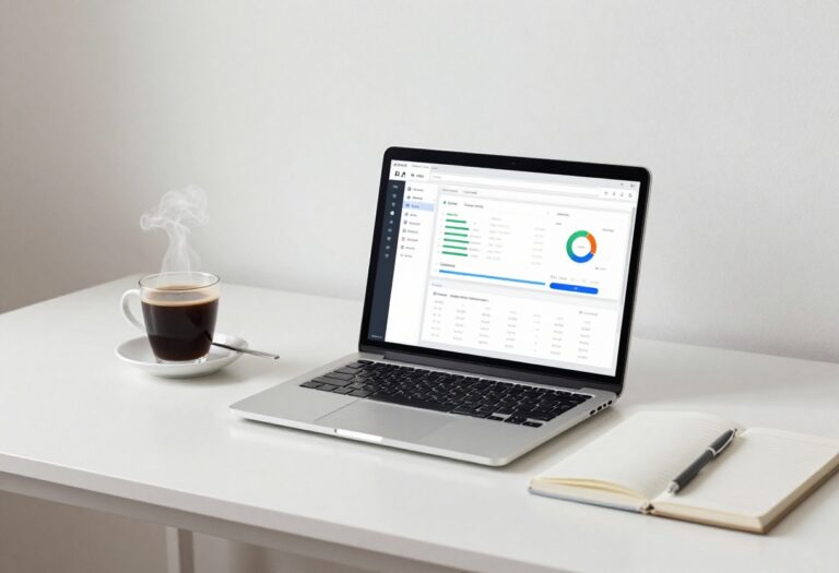 Blogger using AI tools for research on a laptop