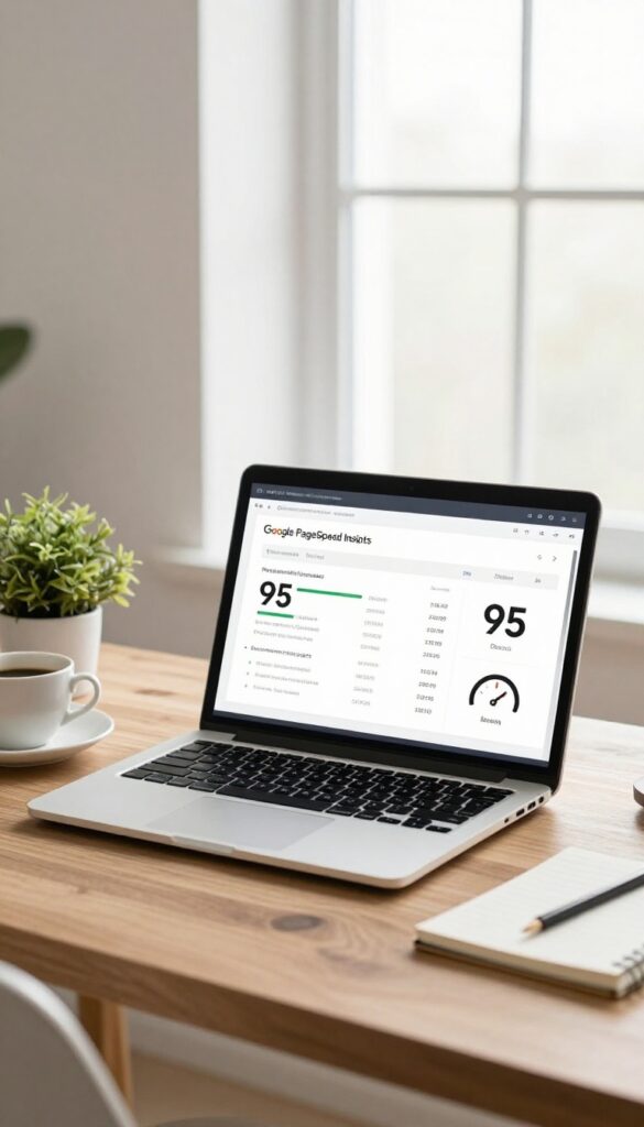 Laptop displaying Google PageSpeed Insights score on a clean desk with coffee and plant