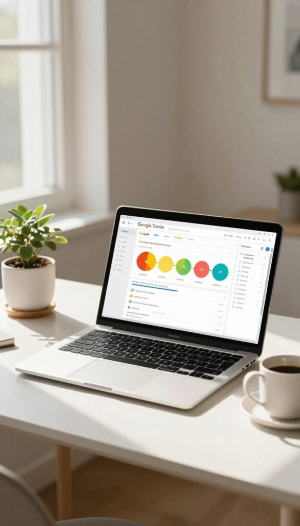 Laptop displaying Google Trends with colorful graphs on a bright desk with coffee and plant