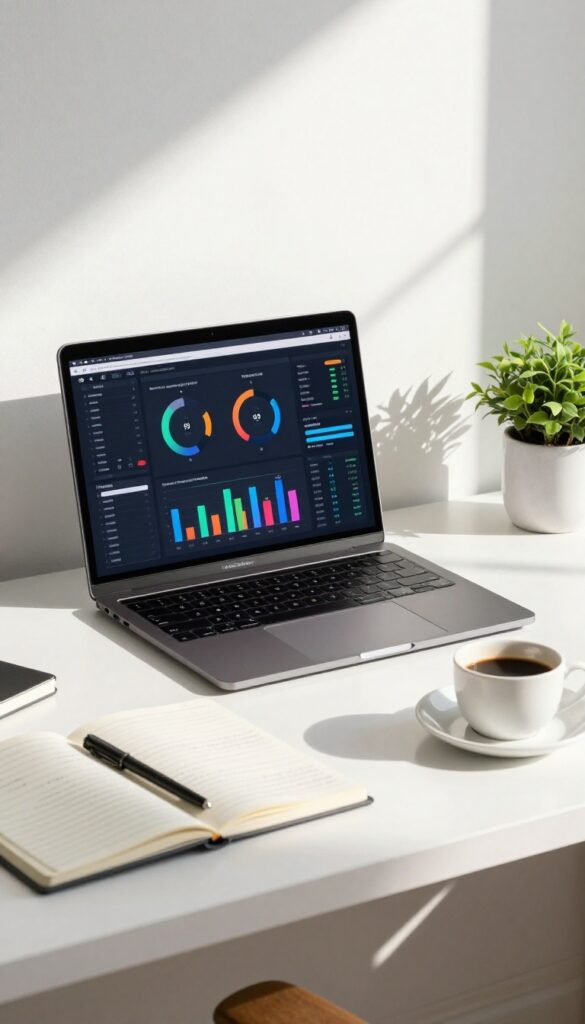 Modern home office desk with laptop displaying SEO analytics dashboard, notebook, coffee, and plant in natural light.