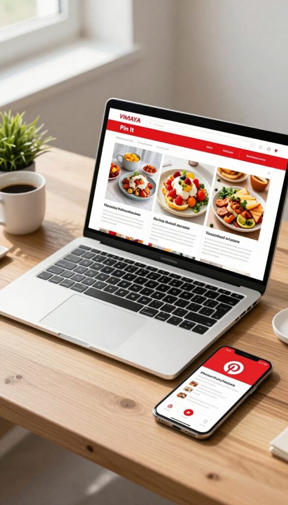 Laptop and smartphone displaying a blog post with a hover Pin It button on the image, set on a wooden desk with coffee and plant