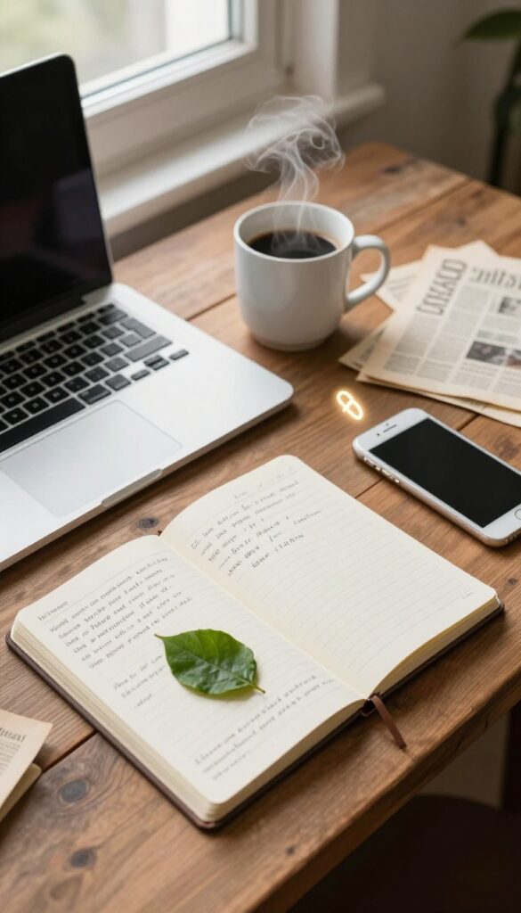 Flat lay of a vintage desk with laptop, coffee, notebook, and old blog posts with fresh links, warm natural light.