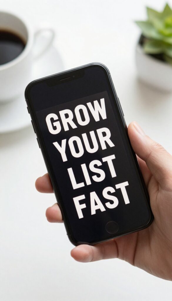 Close-up of smartphone showing a Pinterest pin with bold text overlay on a bright desk.