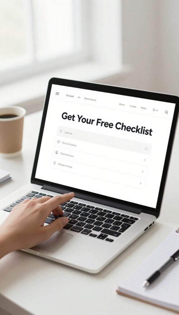 Two-step opt-in popup on a laptop screen with a hand clicking the button, desk with coffee and notebook, bright natural light