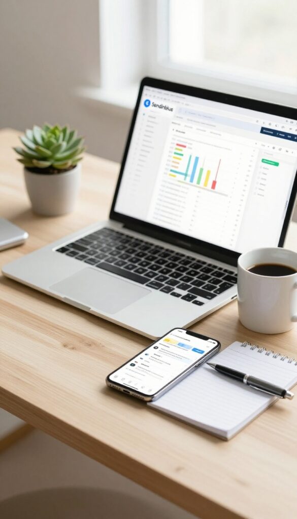 Workspace flat lay with laptop showing email marketing dashboard, smartphone, and office accessories