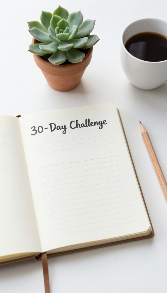 Flat lay of a notebook with a 30-day challenge checklist, succulent, pencil, and coffee cup on a white desk.