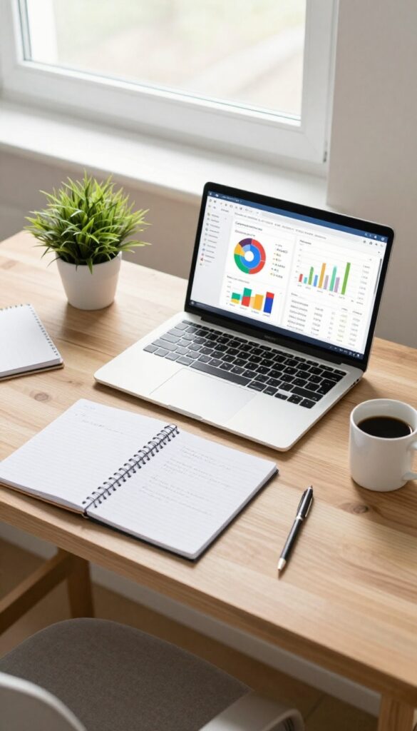 Laptop showing Google Analytics dashboard on a desk with notebook and coffee