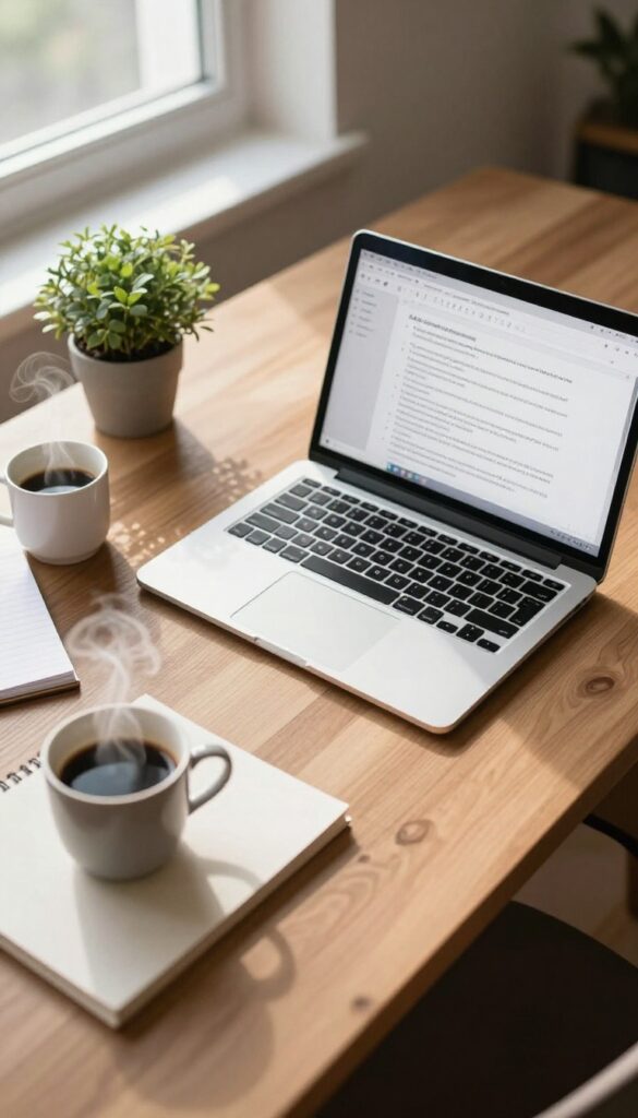 Modern desk with laptop showing AI writing tool, coffee, notes, and plant in natural light